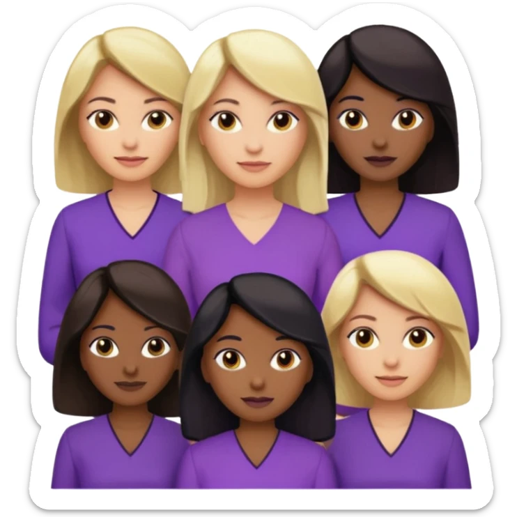 Group of reproductive age women 25-50 of all races with light, medium, dark and very dark skin tones. Blond, brown, black hair color with various purple blouses and shirtys. 10 per image sticker