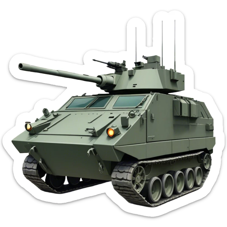 Stryker M1126 (2020) – Cinematic-realistic Stryker M1126 armored personnel carrier, its dark grey-green hull speeding down a war-torn street. The eight large wheels grip the cracked pavement as infantry hunker inside, the turret-mounted .50 cal machine gun scanning rooftops for threats under the eerie glow of distant fires. sticker