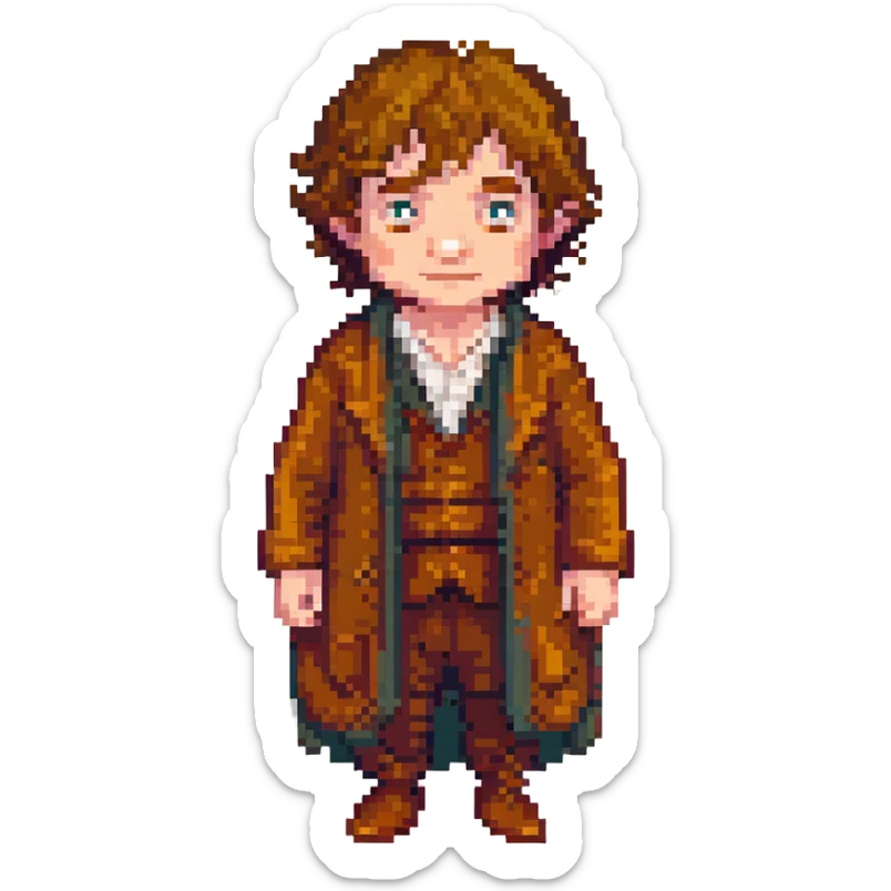 Whole body image of bilbo baggins from the lord of the rings  in pixel art style and formatted to fit emoji size for later adding to slack app sticker