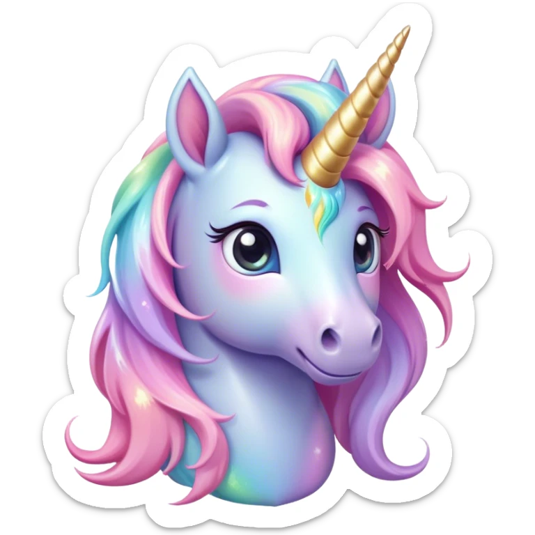 Cinematic pastel-colored unicorn, flowing iridescent mane, big sparkling eyes, tiny rounded hooves, soft chubby cheeks, delicate magical glow surrounding, enchanting and dreamy. sticker