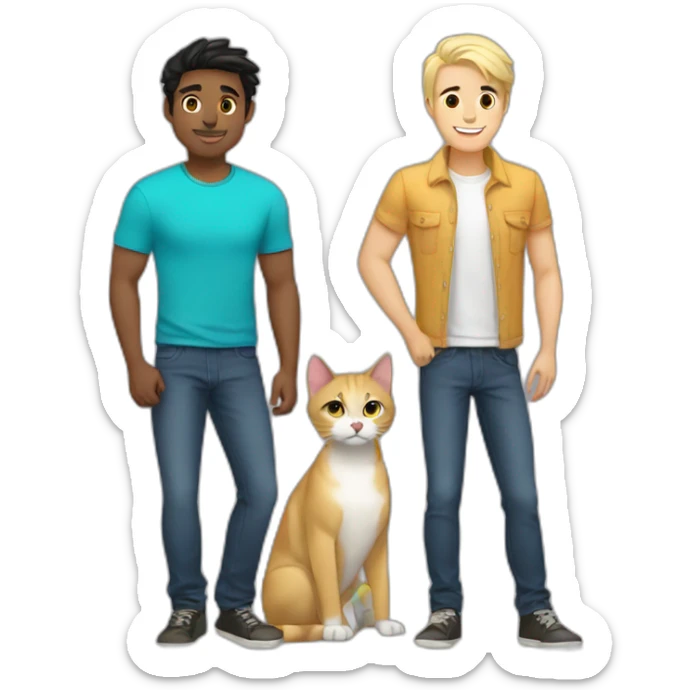 Gay male couple Latino Black hair male and Australian blonde hair male , with a cat in the middle sticker