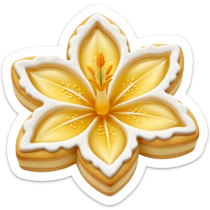 Realistic shortbread cookie in the shape of a lily flower with pastel yellow color jelly middle filling and sprinkled powder sugar on top. sticker