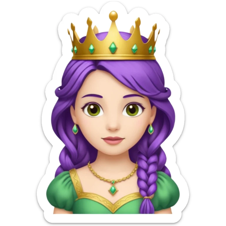 Princesses, with Gold Crown on purple braid hair, with green dress sticker
