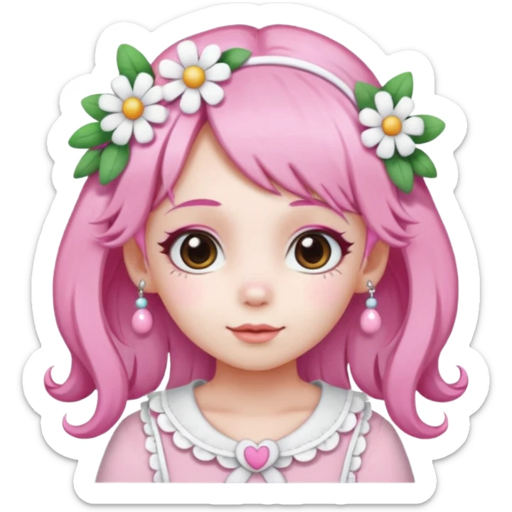 A girl with pink and white hair, adorned with flowers as hair accessories, wearing My Melody clothing. sticker