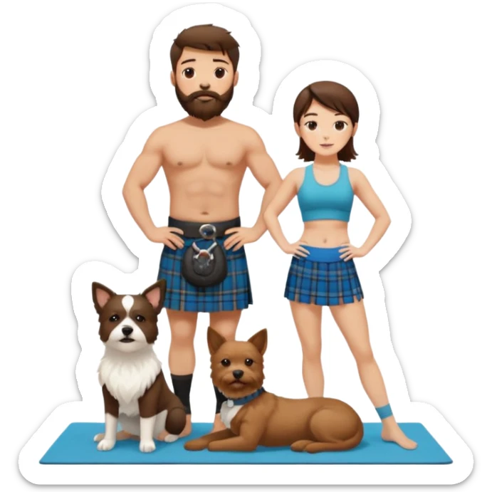 emoji of brunette man with beard wearing kilt, brunette woman in yoga outfit and one white fluffy dog sticker