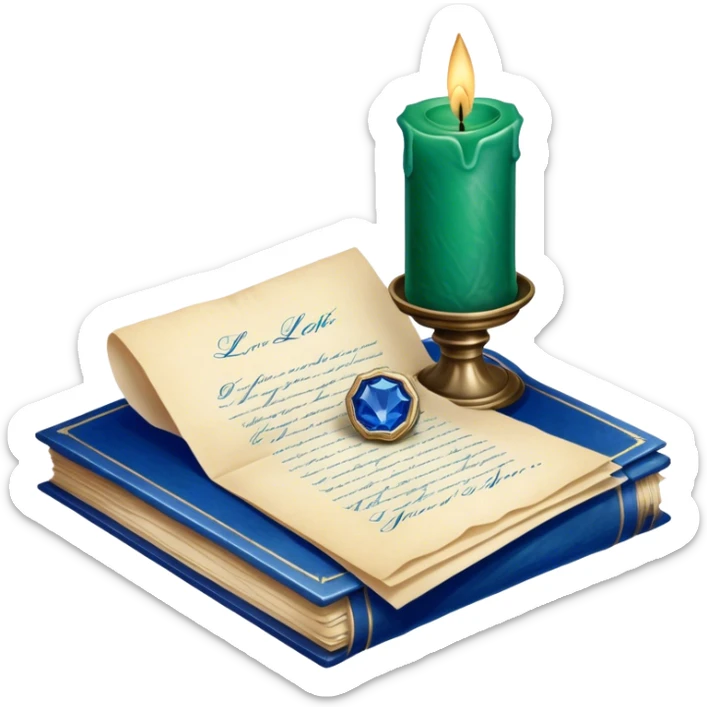 A charming still life of a love blletter sealed with a deep green wax stamp, placed beside a vintage glass candle in sapphire blue. sticker