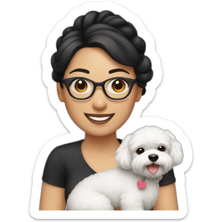 woman-black hair-bun-with glasses-with bichon dog-white-smile sticker