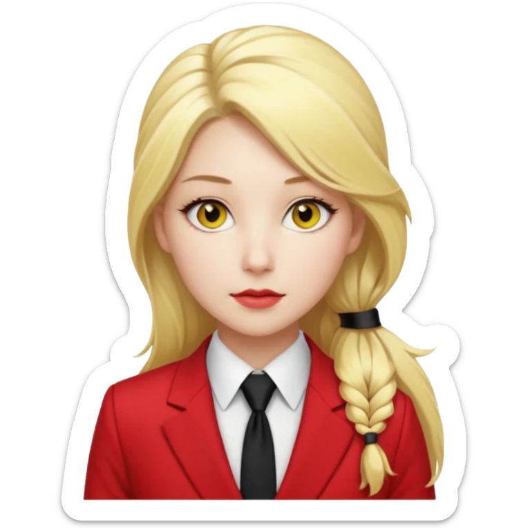Woman with porcelain white skin, thick blonde hair that's in a thick, long ponytail, has a black tipped nose, yellow scleras, red pupils, and a red suit with a black tie. sticker