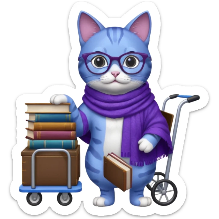 Purple and blue cat with reading glasses and a shawl, standing behind a cart full of books sticker
