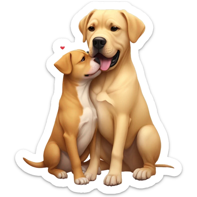 American bully and Golden Labrador retriever hug. Hearts are flying around them  sticker