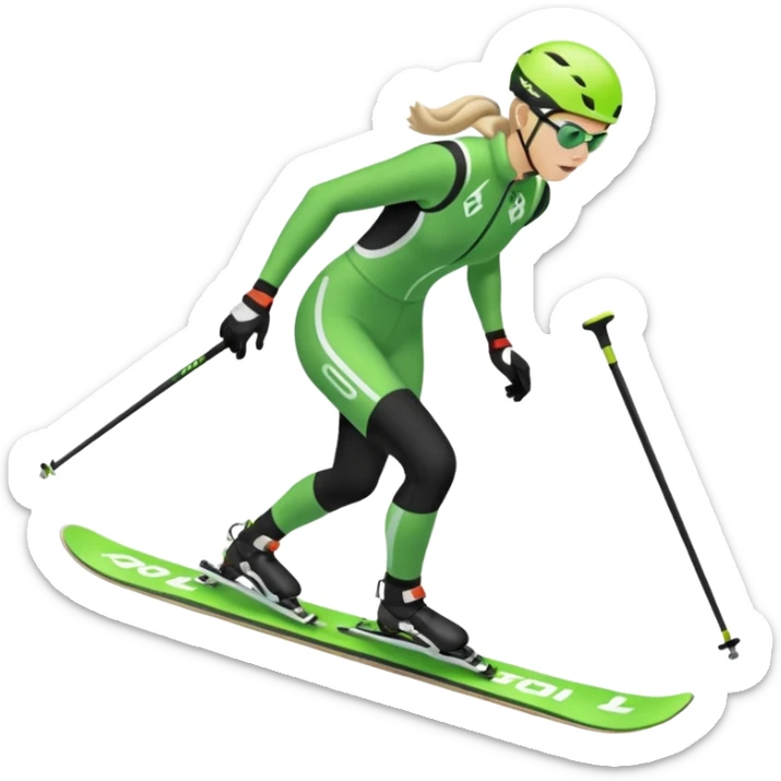 Xc ski racer in green and black clothing. Full body, skate skiing uphill sticker