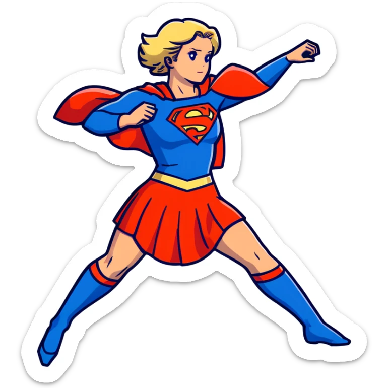 Supergirl in classic costume, full body view showing blue tights, red skirt, and cape with S symbol sticker