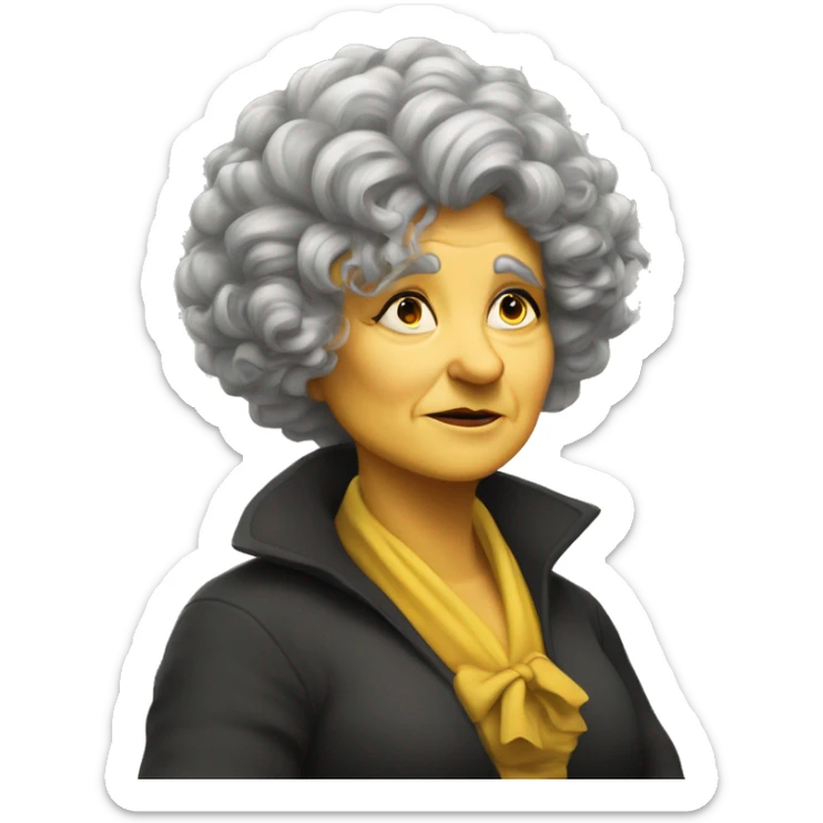 old, curvy woman, hufflepuff, grey and curly and wild hair, madame sprout, not amused sticker