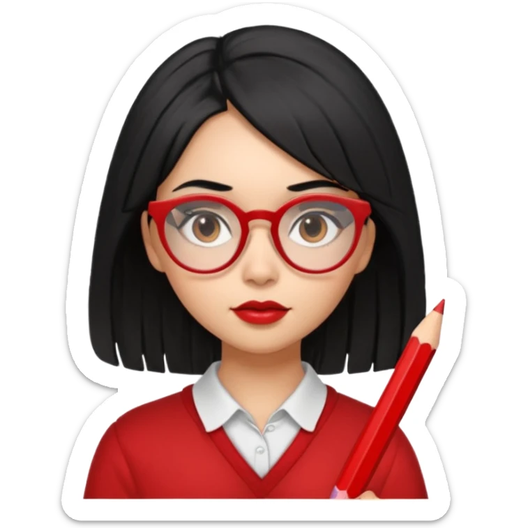 Morena girl with black hair in a pencil that creates a hun hairstyle. She has red glasses sticker