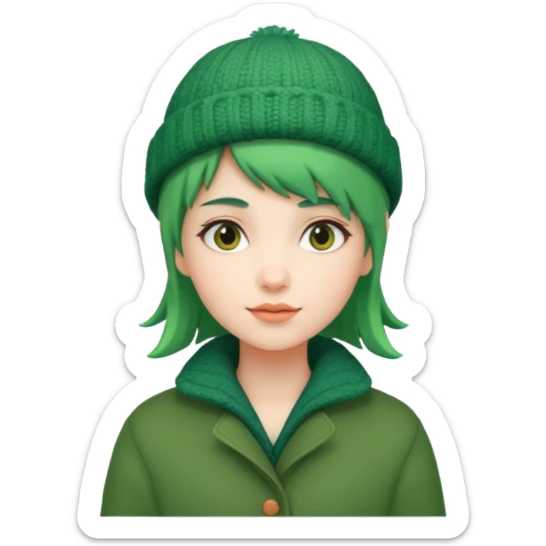 Girl with green hair wearing winter coat and a woolen hat with a relaxed posture and friendly face sticker