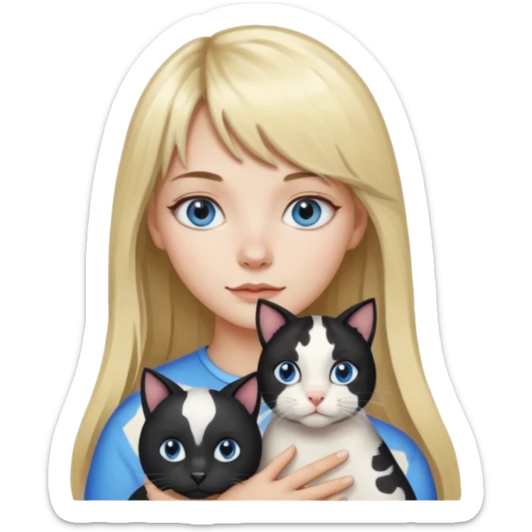 One  cat black and white stain like a cow in the arms of long blond hair girl with bangs and blue eyes sticker