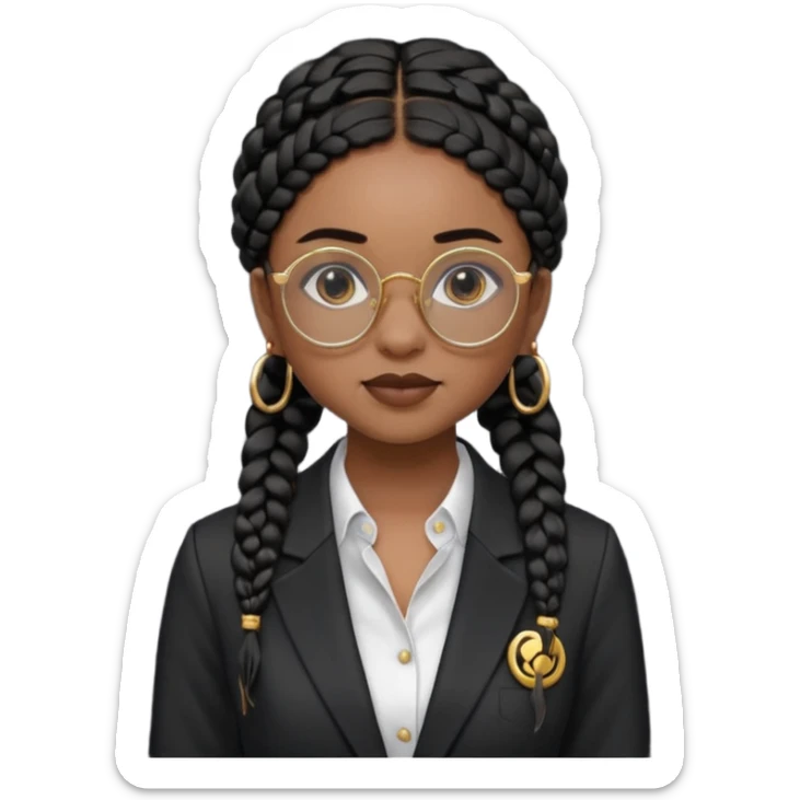 a young woman wearing fine gold round glasses and black hair in braids, she has light black skin, she's wearing cool professional clothes sticker