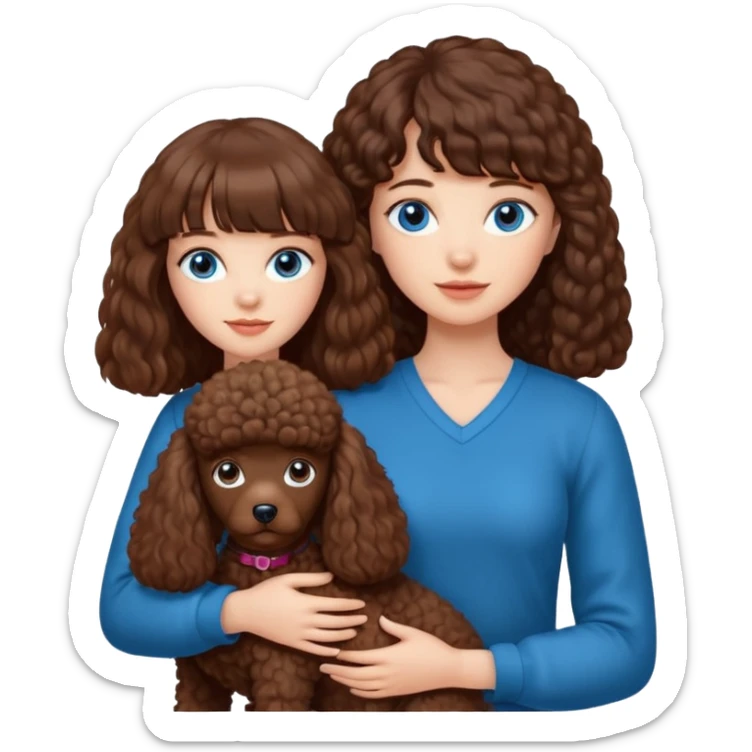 Kobieta w białej koszuli, z długimi brązowymi włosami z grzywką i niebieskimi oczami trzyma na rękach jednokolorowego, brązowego pudla. sticker