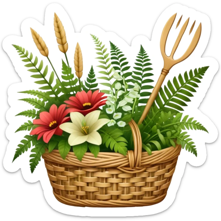 Emoji for Floristry: a bouquet of flowers in a woven basket, with reeds, ferns and floral arranging tools nearby, like scissors and a flower stem. The icon should represent creativity in flower design and arranging. Transparent background. sticker