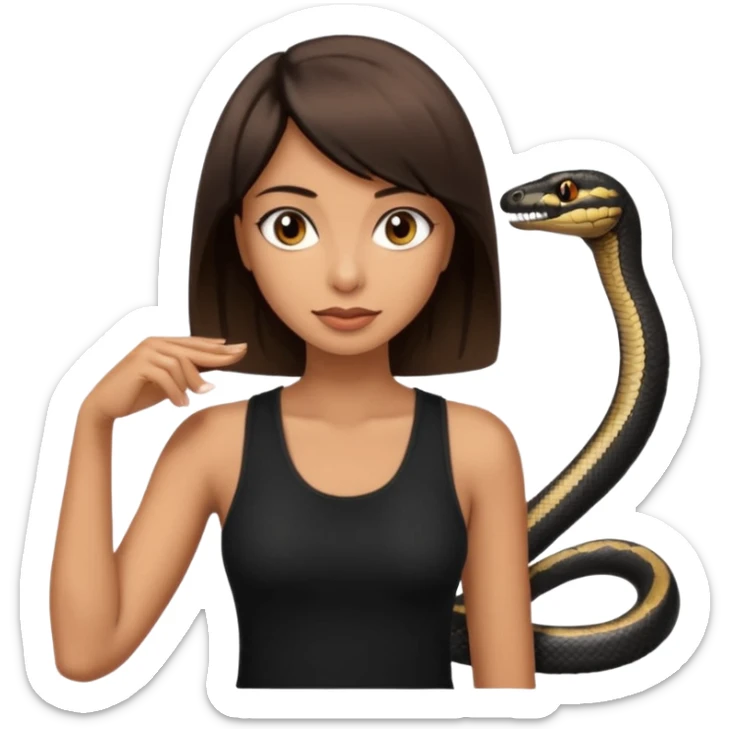 Femme brune yeux marron avec une coupe carré noir qui descend sur l'épaule , femme couleur de peau typé, avec un cobra a côté , débardeur noir sticker