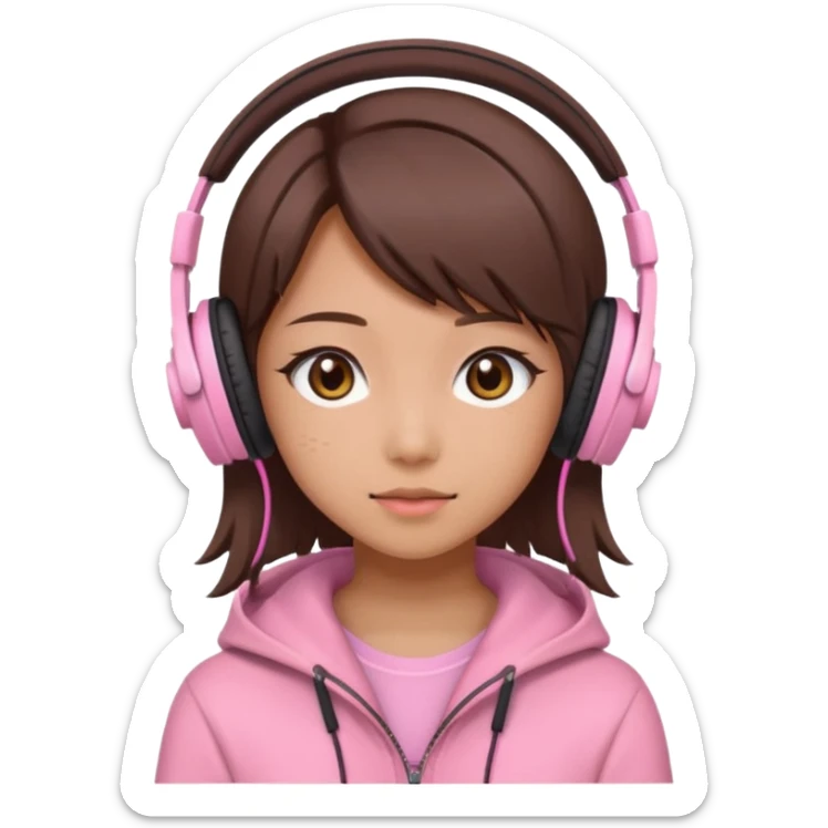 a japanese girl with brown layered cut hair. she has dark brown eyes, and has a cute super light pink gaming headphones sticker