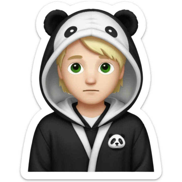 A white man with green eyes, medium-length blond hair, wearing a panda hoodie and black pajama-like robes. sticker