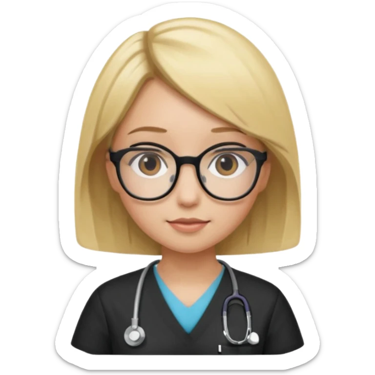 A girl in black scrubs with a blonde bob and glasses no stethoscope  sticker