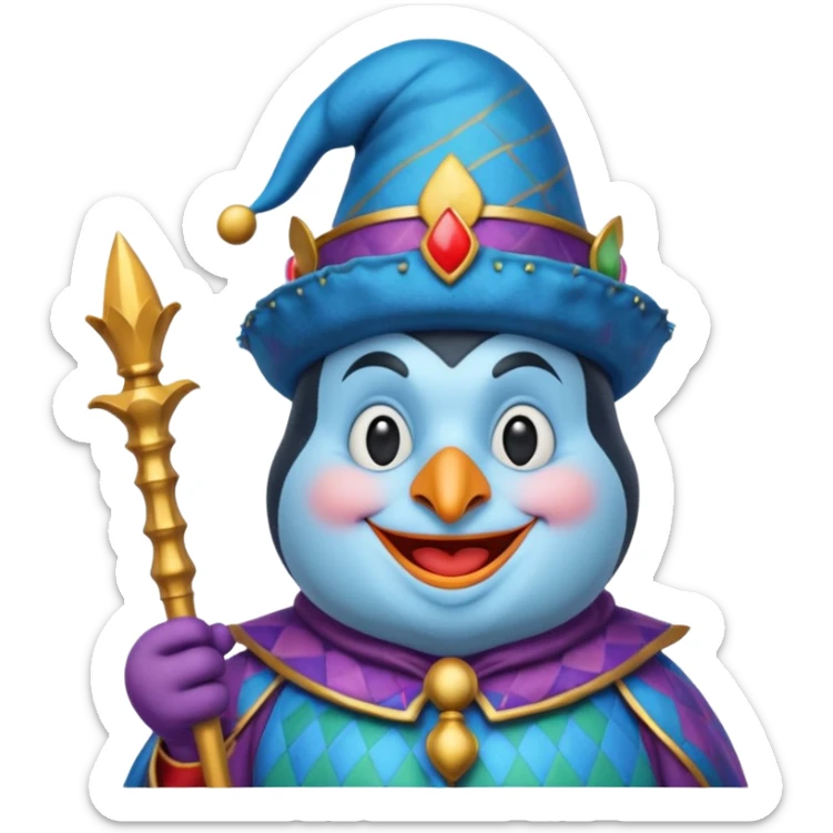 crazy colorful pudgy penguin jolly joker, medieval, vintage, court jester, mac os icon, blue color sticker