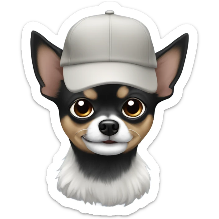 Old man with blue eyes goatee beard ball cap holds cute black long fur Chihuahua sticker