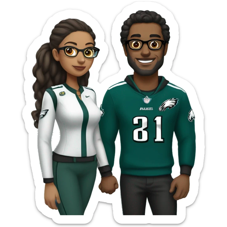 Brown guy and brown girl with glasses and hair in a bun in Philadelphia eagles clothes holding hands sticker