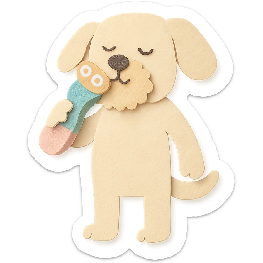 soft pastel electric shaver dog brushing its fuzzy face, creamy beige tones, full-body sticker