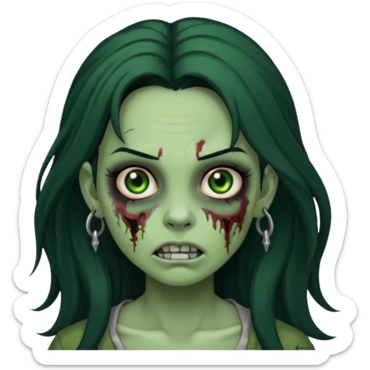 Zombie girl with a facial piercings long black hair green skin sticker