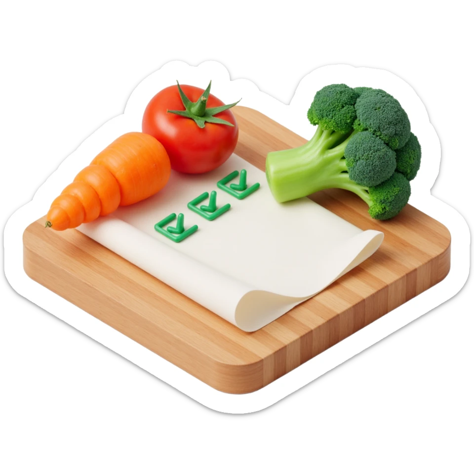 carrot tomato brocoli on the wooden cutting board with floating rolled paper list with green checkboxes sticker