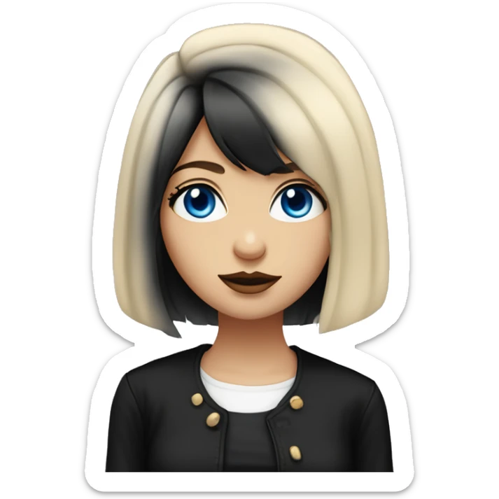 waist-length portrait, looking up, Slavic adult woman, goth eyes makeup, blue eyes, medium bob black-to-blonde ombre straight hair, white T-shirt and black office jacket. sticker