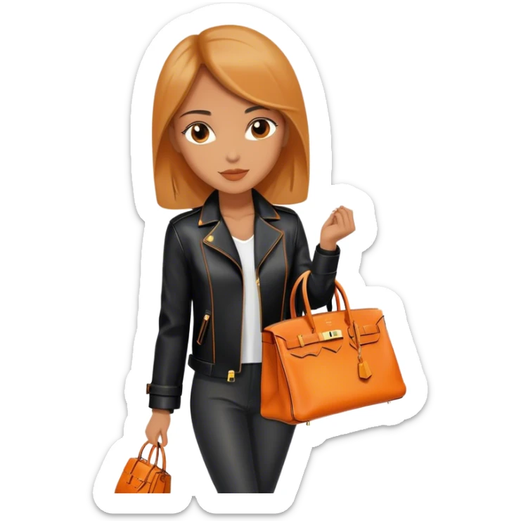 Beautiful woman wearing a leather Hermes jacket and carrying an orange Hermes Birkin Bag. I want the image to be close up.  sticker