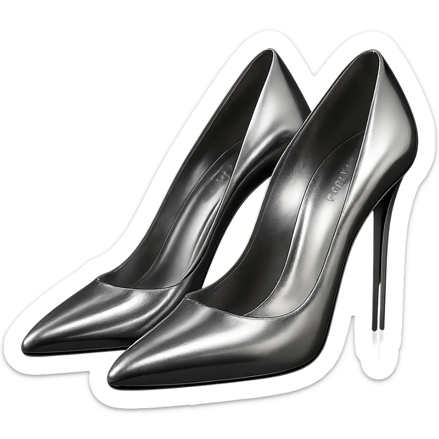 Bottega Veneta high-heeled shoes in 3D chrome style, glossy and reflective, elegant, simple background sticker