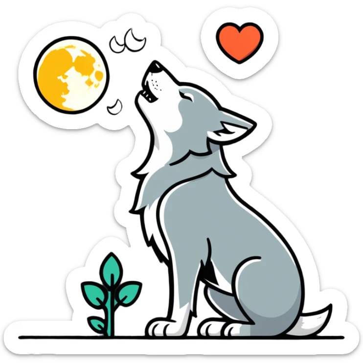 A big wolf howling at a heart shaped moon because it’s in love with the heart shaped moon, but the wolf doesn’t look friendly sticker