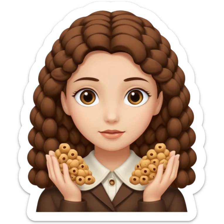 creami una ragazza con riccioli in fondo sulle punte, capelli marroni scuri e lunghi, occhi con ciglia non corte marroni sticker