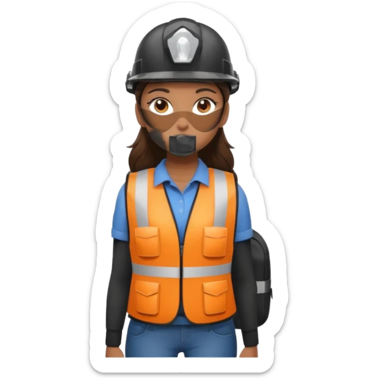 Brunette brown Girl full body standing with her white security helmet and security vest that fits her big on, also with her black backpack sticker