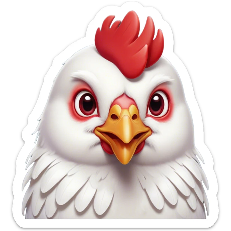 Cinematic Cute White Chicken Portrait Emoji, Head tilted playfully and inquisitively, featuring smooth, immaculate white feathers and a delicate red comb, round, sparkling beady eyes filled with curiosity, Simplified yet irresistibly adorable features, highly detailed, glowing with a warm, friendly glow, high shine, affectionate and lively, stylized with a touch of farmyard whimsy, bright and endearing, soft glowing outline, capturing the essence of a mischievous yet loving chicken, so playful it feels like it could peck out of the screen and into your arms! sticker