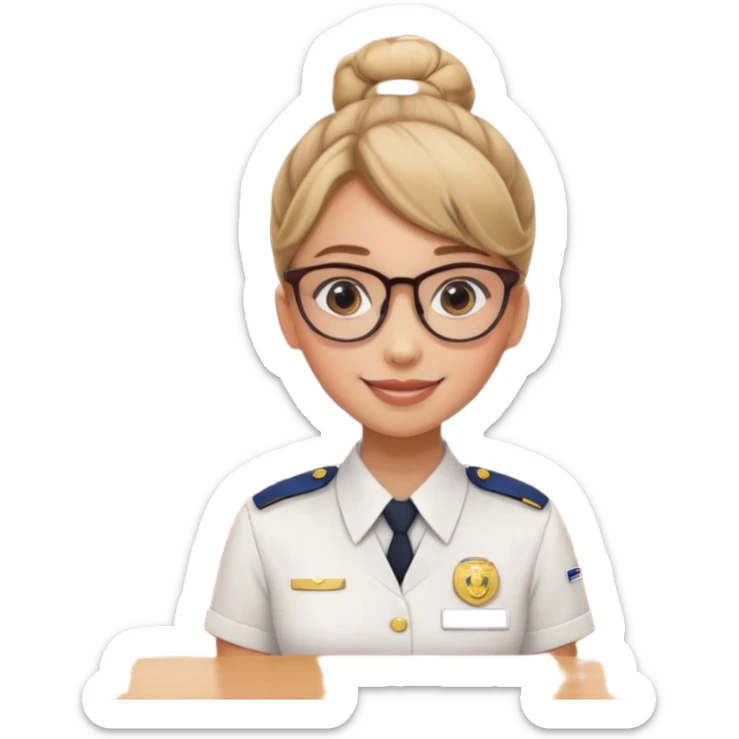 Reception Young girl, bun hair, wearing uniform of reception with hotel name badge, glasses, stand behind the desk

 sticker