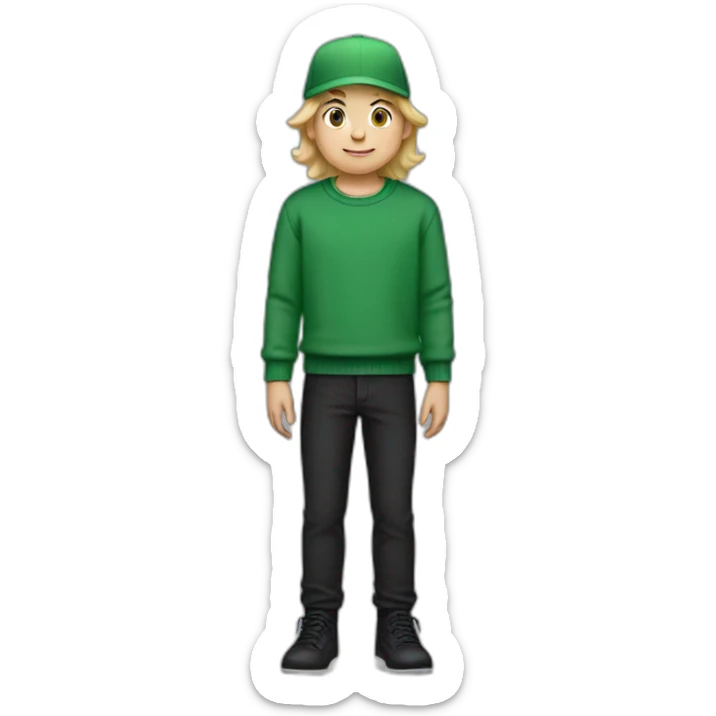 a boy with blond hair, a green sweater, black pants and black shoes and a green cap and braces sticker