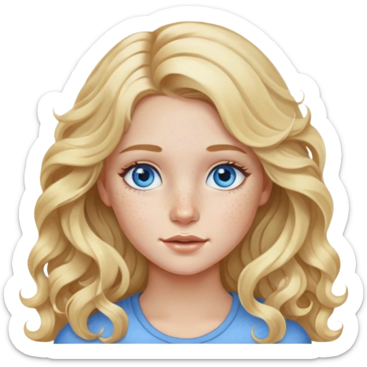 Girl long blonde wavy hair blue eyes freckles sticker