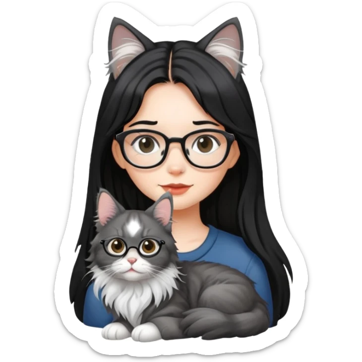 a silver based Maine Coon cat and a black hair glasses girl sticker
