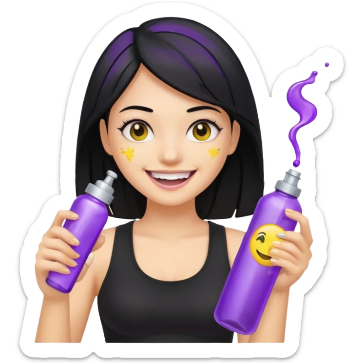 fair girl with black hair, black crop top, smiling widely with yellow teeth, holding purple and silver spray bottle, nothing else, genmoji emoji style, reference attached can sticker