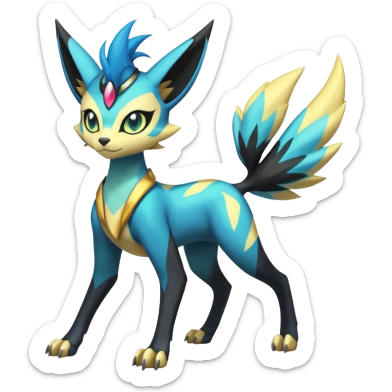 Feral Beautiful Pretty Badass Cool Colorful Painted Asian Graceful Majestic Cool Handsome Meloetta-Zeraora-Luxray-Cobalion-Vernid-fusion-hybrid-creature, full body  sticker