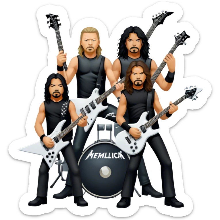 Icon for Metal Music: Metallica band members detailed in their signature look. James Hetfield with guitar, Lars Ulrich on drums, Kirk Hammett with his electric guitar, and Robert Trujillo playing bass. Bold, energetic style with musical notes, all in a heavy metal aesthetic. Transparent background. sticker