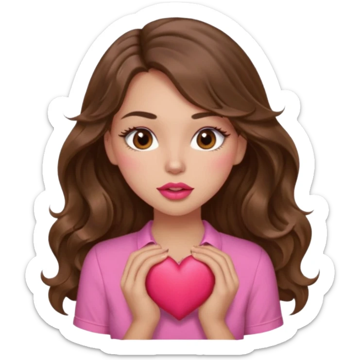 girl with long wavy brown hair, brown eyes, light to medium complexion, in a pink shirt, pink lips, long lashes, sexy , puckering, blushing, kissing a heart sexy sticker