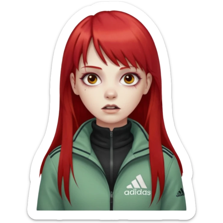 Crie um emoji de uma menina zumbi  com o cabelo vermelho longo com uma franja reta casaco de gola alta da adidas sticker