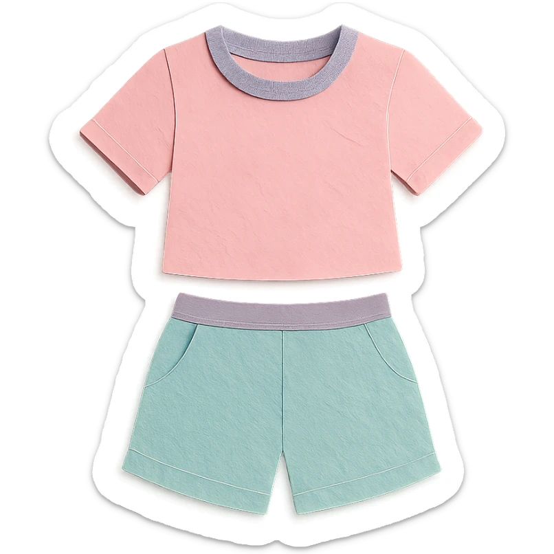 illustration of a women's short and tee shirt set in pastel colors in paper-craft style sticker